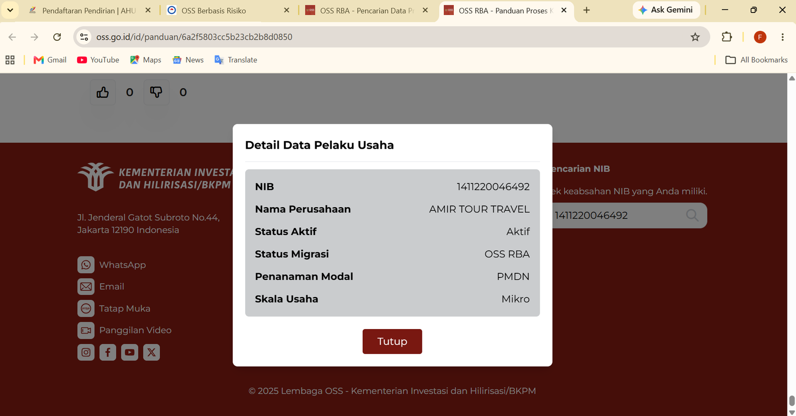 Hasil semakan NIB Amir Tour Travel pada OSS