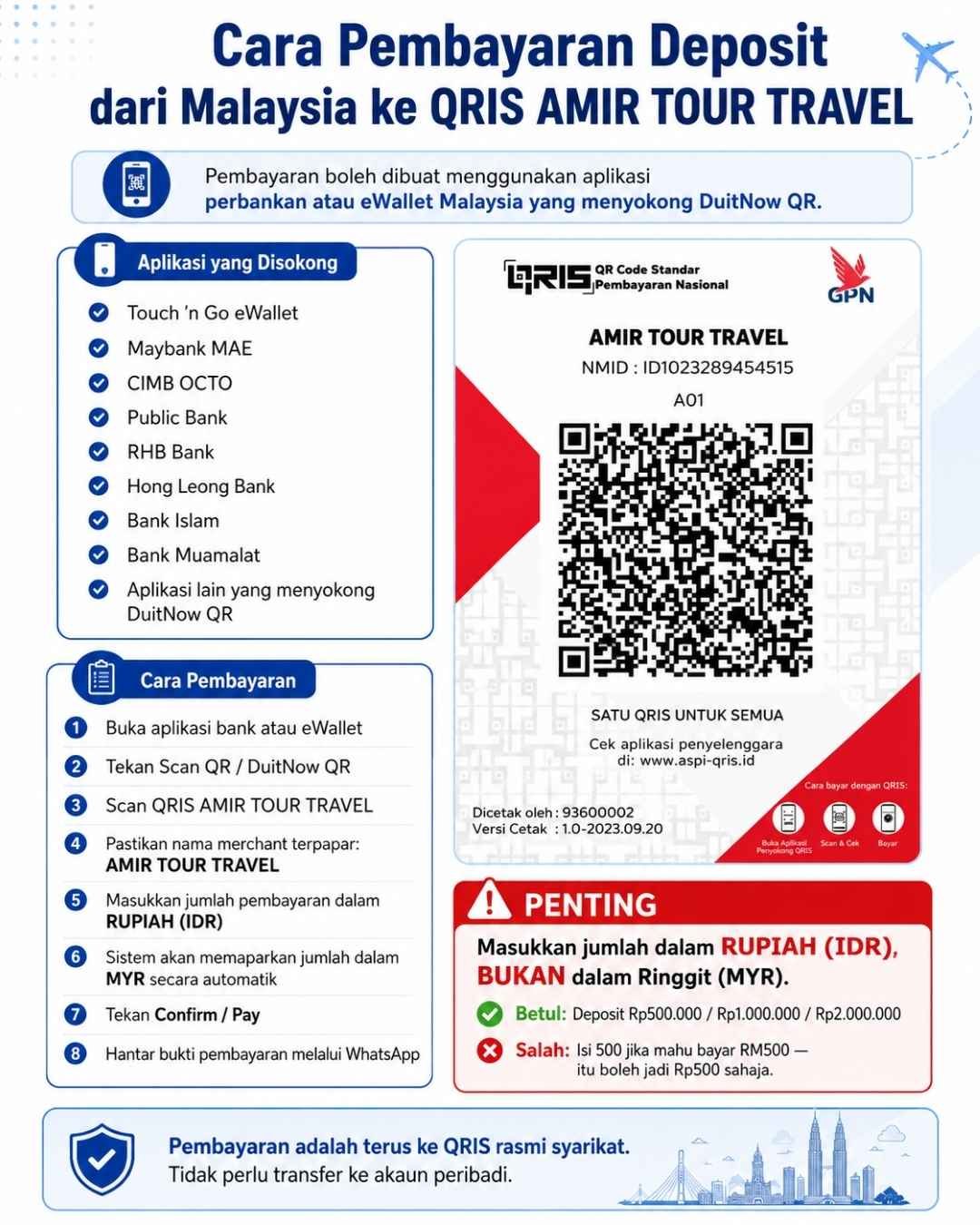 Cara pembayaran DuitNow QR dan QRIS Amir Tour Travel dari Malaysia