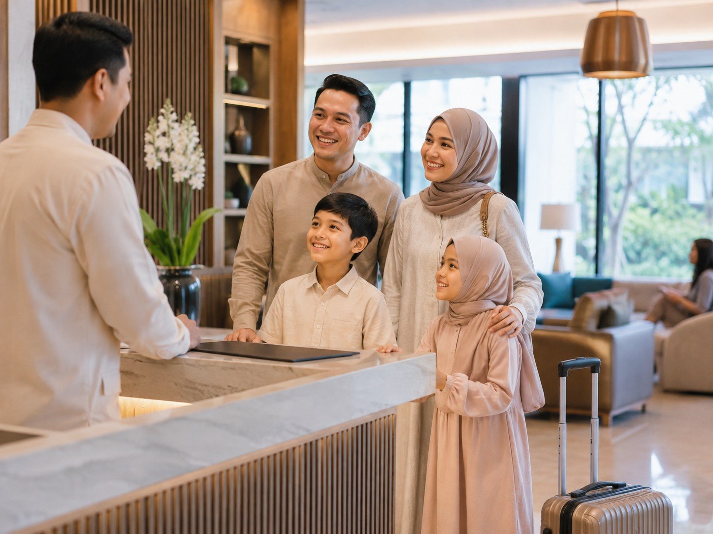 Keluarga check-in hotel dalam pakej Amir Tour Travel
