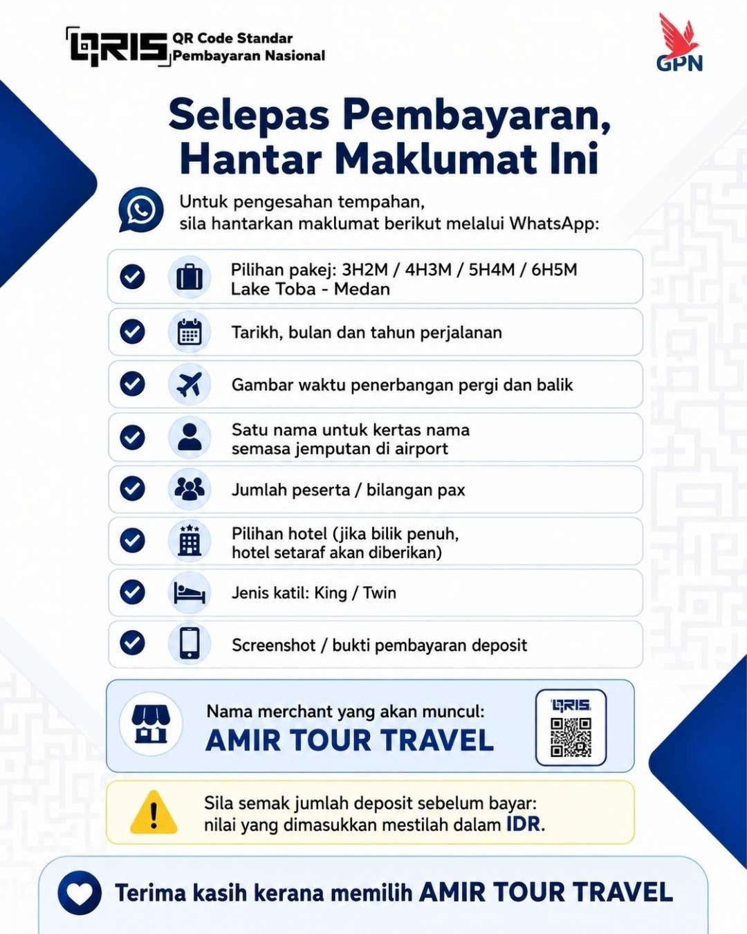 Maklumat yang perlu dihantar selepas pembayaran deposit QRIS AMIR TOUR TRAVEL