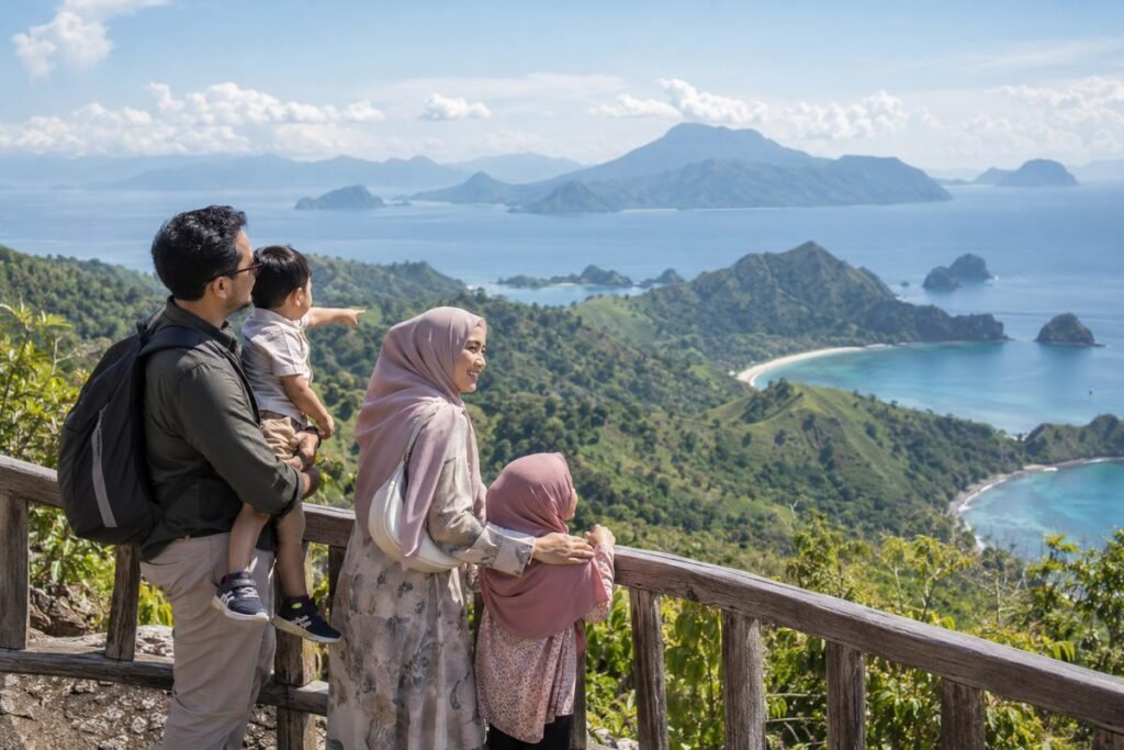Keluarga Muslim menikmati perjalanan wisata di Indonesia