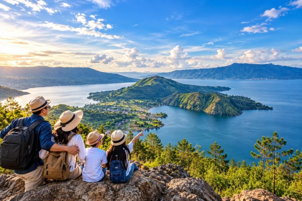 Keluarga menikmati panorama Medan dan Lake Toba