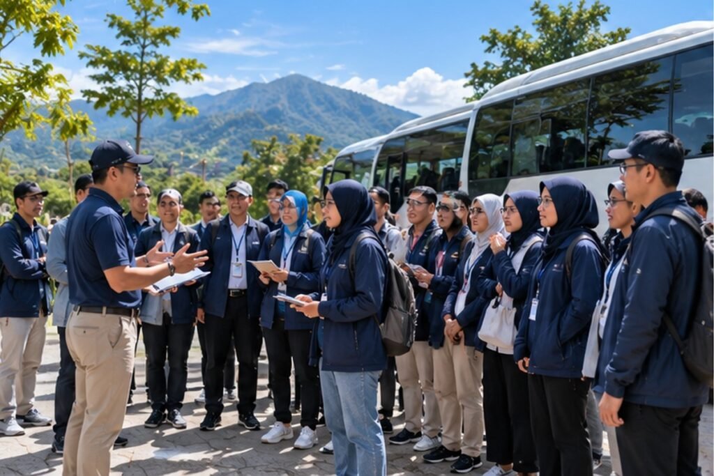 Rombongan corporate dan study tour mengikuti briefing perjalanan