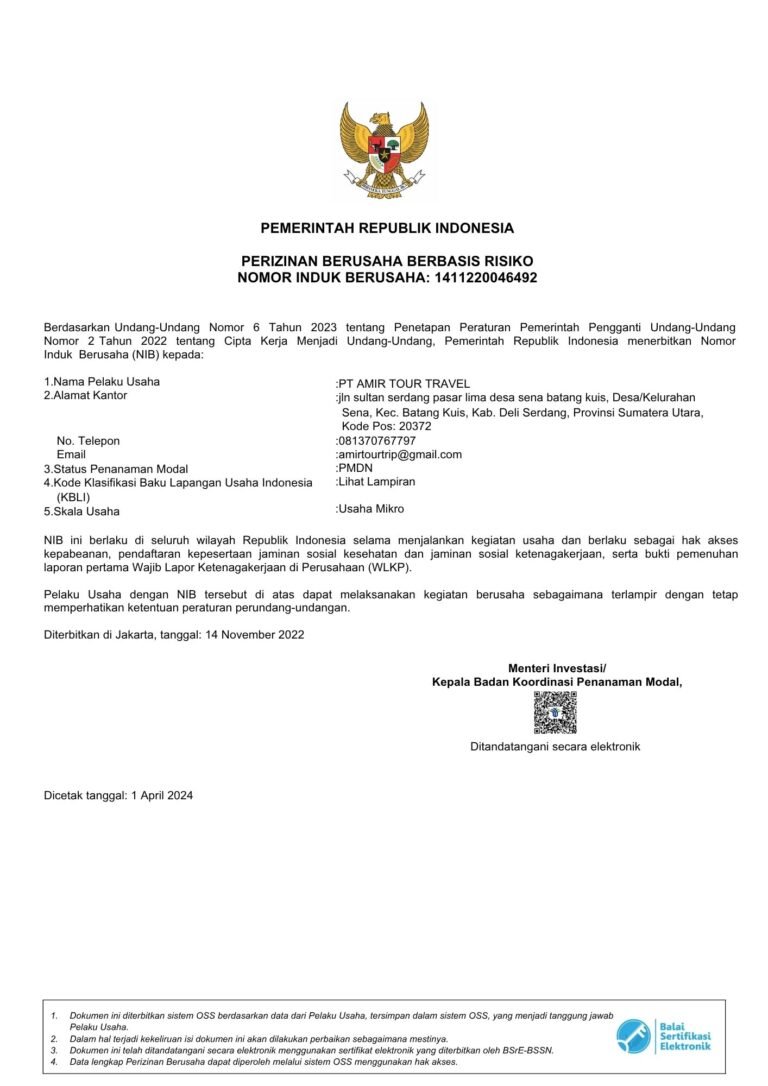Dokumen NIB rasmi PT Amir Tour Travel daripada sistem OSS Republik Indonesia