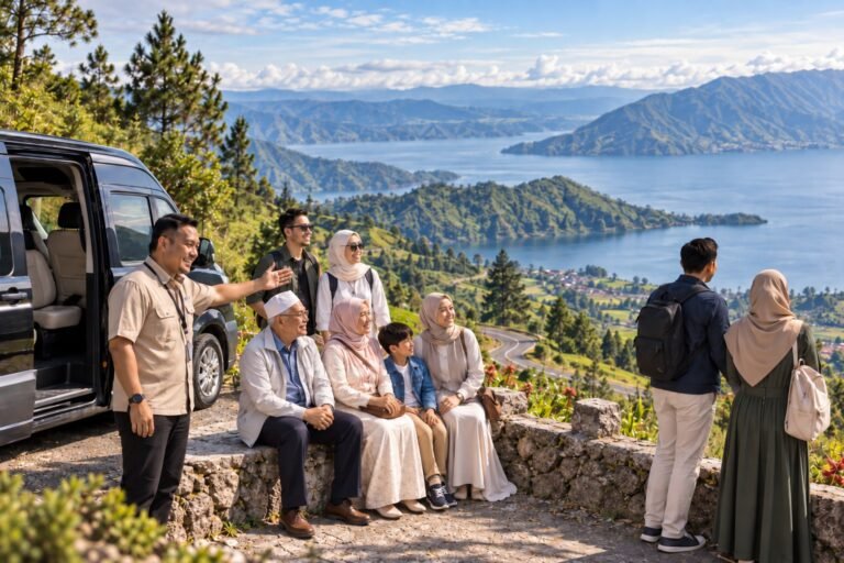 Keluarga menikmati panorama Danau Toba saat private trip bersama Amir Tour Travel