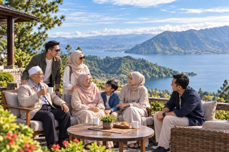 Keluarga Muslim menikmati pemandangan Danau Toba dalam perjalanan wisata keluarga
