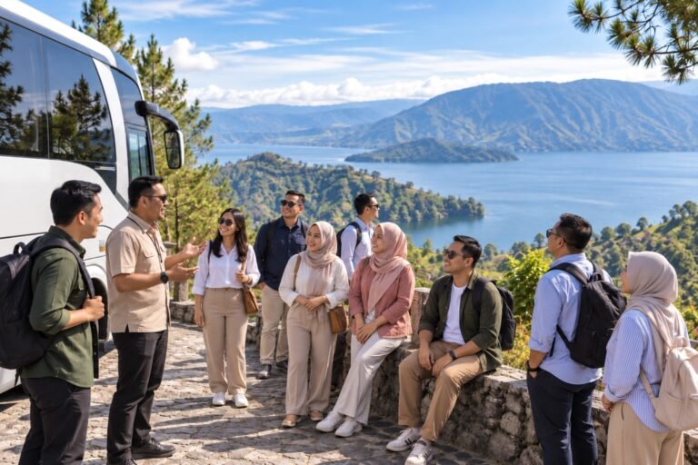 Rombongan wisata menikmati panorama Danau Toba bersama tim Amir Tour Travel