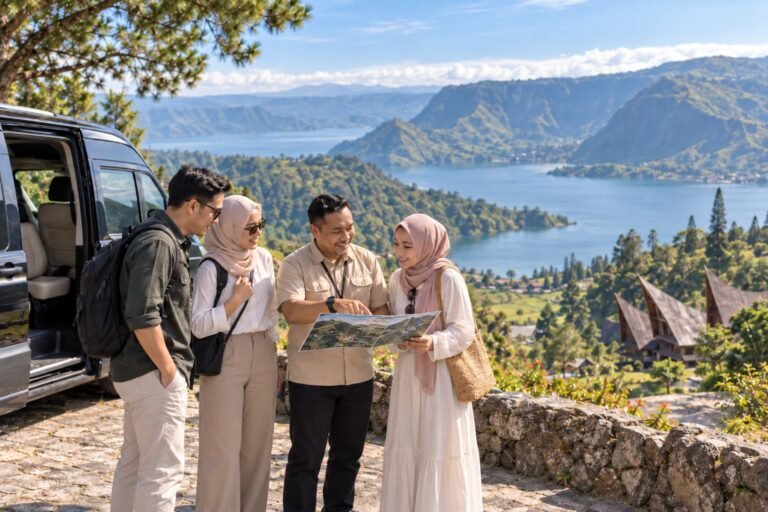 Wisatawan menikmati panorama Danau Toba dalam perjalanan bersama Amir Tour Travel